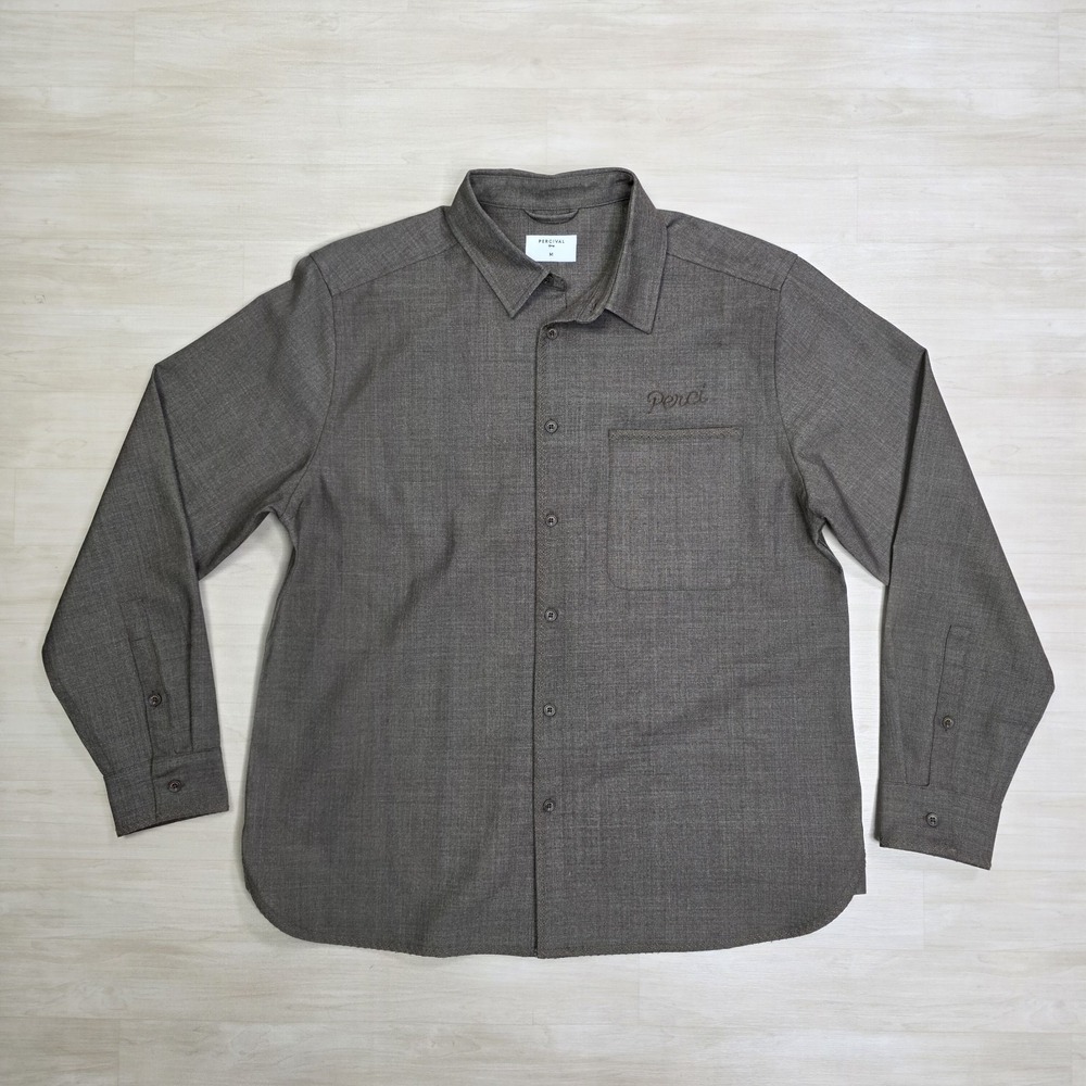 Percival Auxiliary Everyday Wool Blend Button Up Shirt Brown Tan Size Medium
